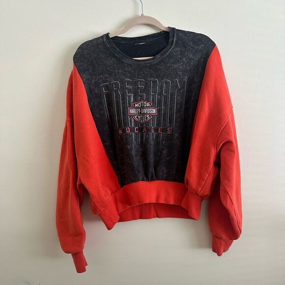 Reworked Upcycled Harley-Davidson Orange Cropped Casual Two Tone Sweatshirt - Picture 2 of 5